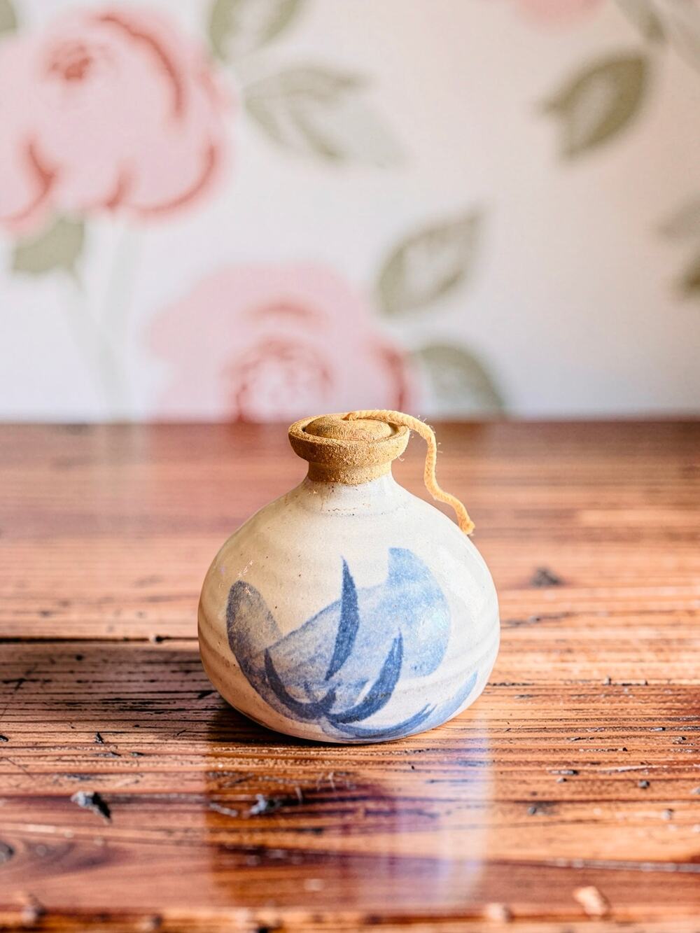 Handmade Studio Pottery Bottle Blue Floral Stoneware Stopper Signed 3”